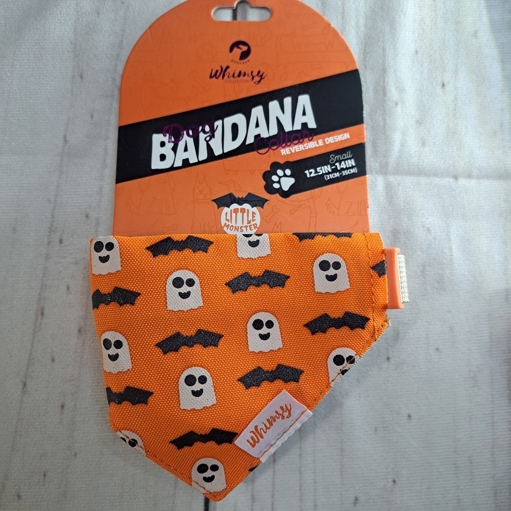 Whimsy Orange Ghost and Bat Dog Bandana Collar Size Small Reversible